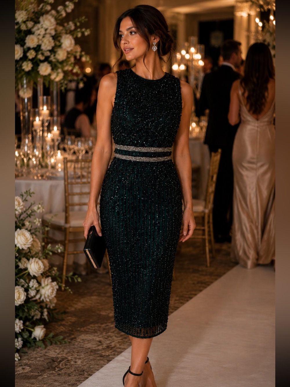 Mac Duggal Forest Green Beaded Cocktail Dress Size 2 Formal Evening Midi - Picture 3 of 10